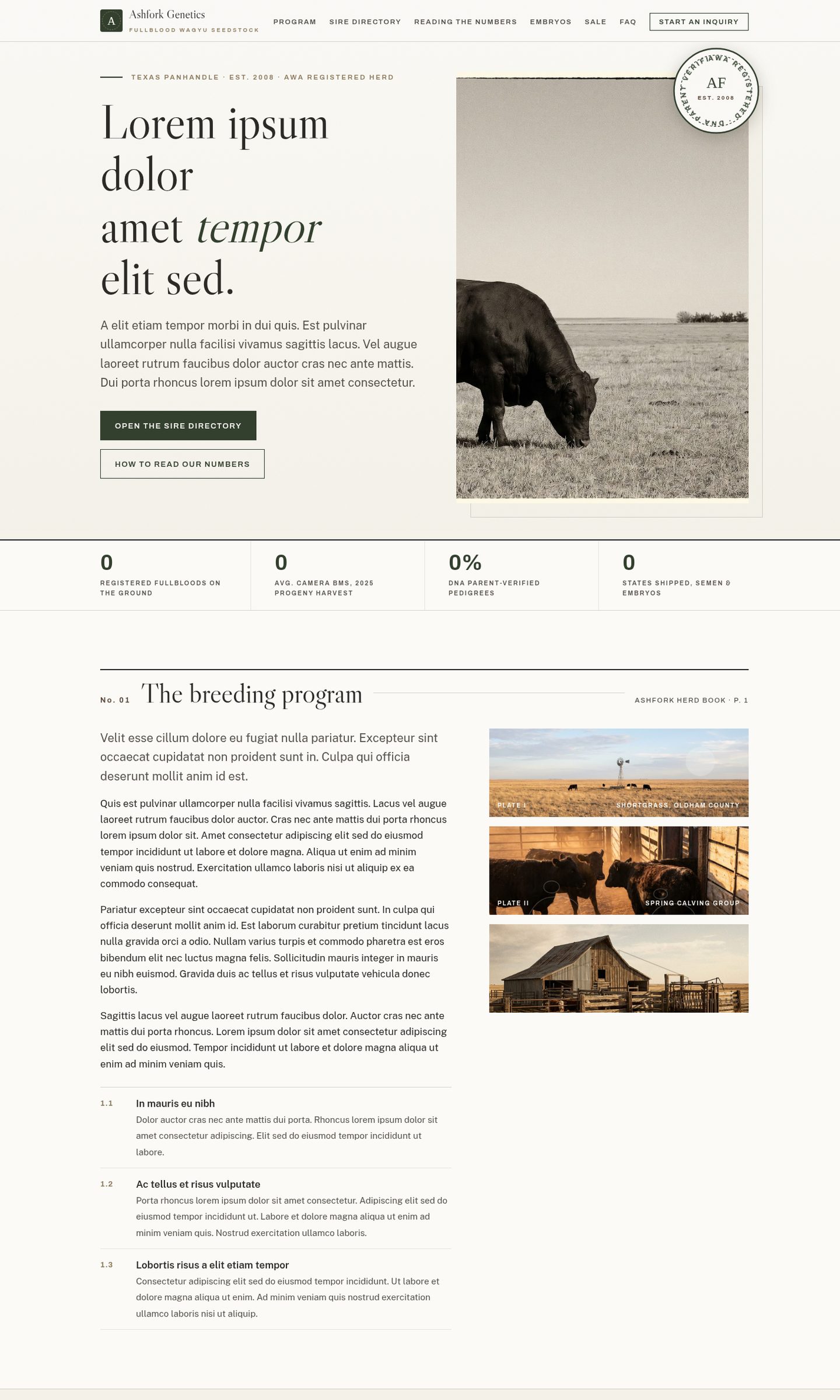 Ashfork Genetics concept site: a herd-book style homepage with a bull photograph beside the headline and a registry stamp