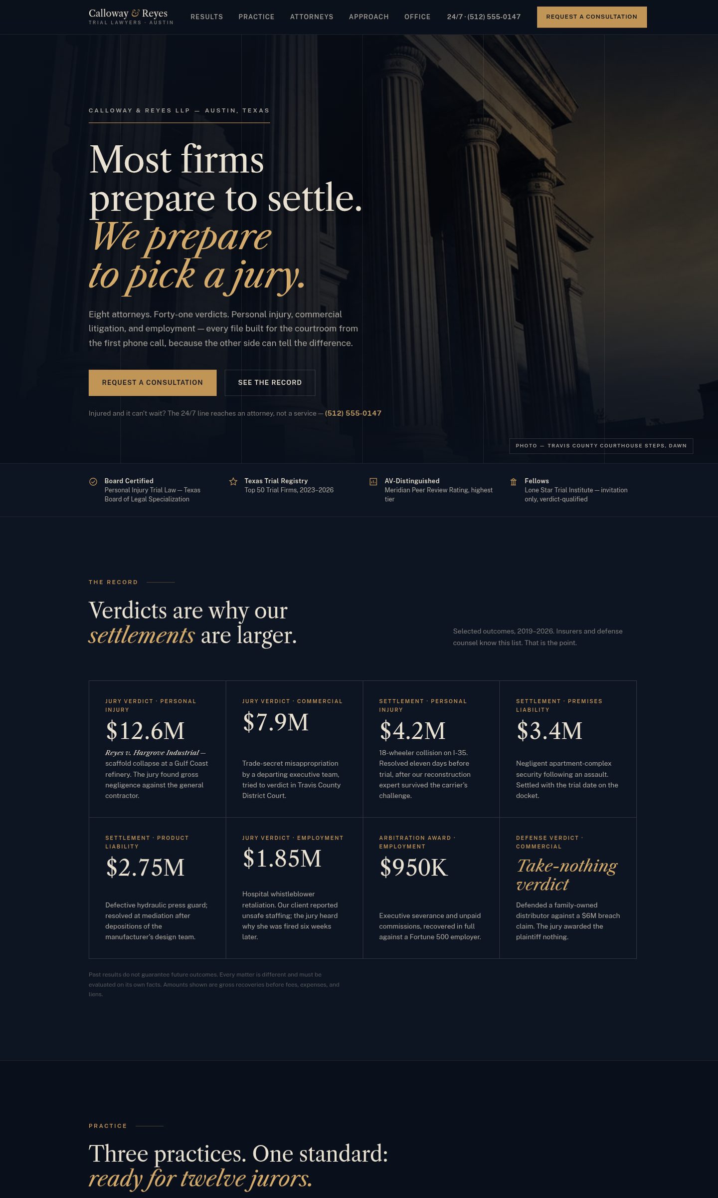 Calloway & Reyes concept site: a navy and bronze law-firm homepage with the headline Most firms prepare to settle, we prepare to pick a jury