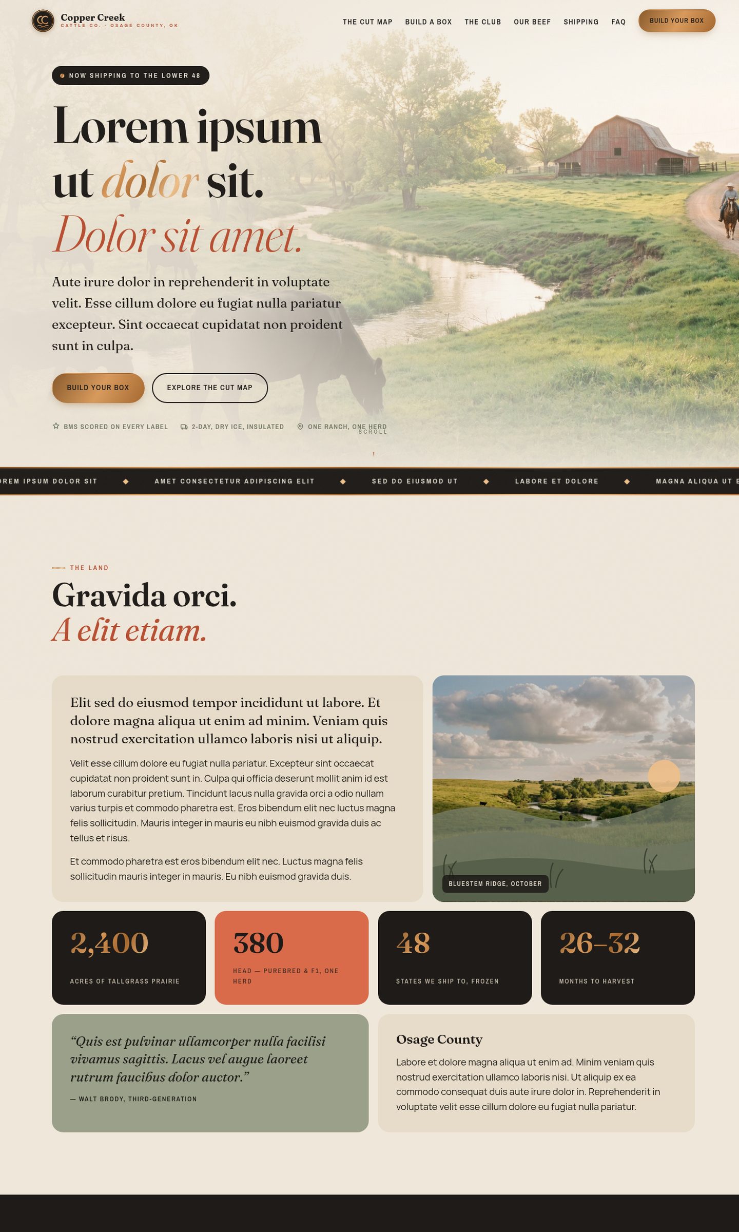 Copper Creek Cattle Co. concept site: a golden-hour pasture hero with the ranch headline over it, above the butcher's map