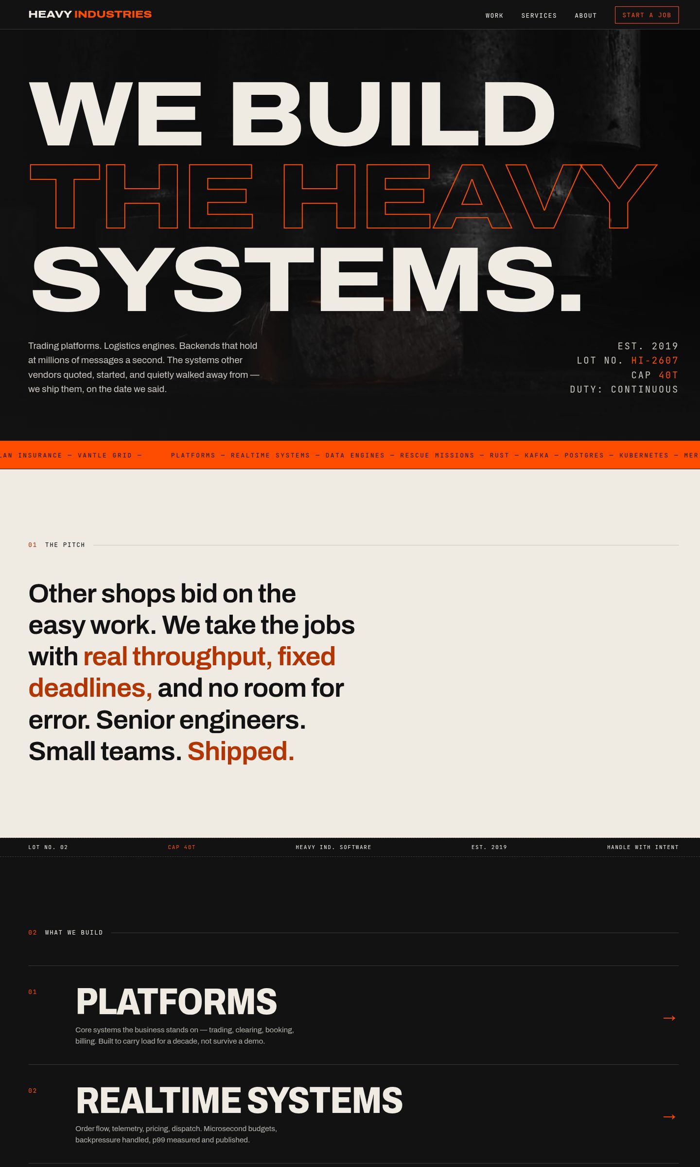 Heavy Industries Software Co. concept site: an industrial dark homepage with an oversized headline over a looping steel hero and nameplate-style stickers