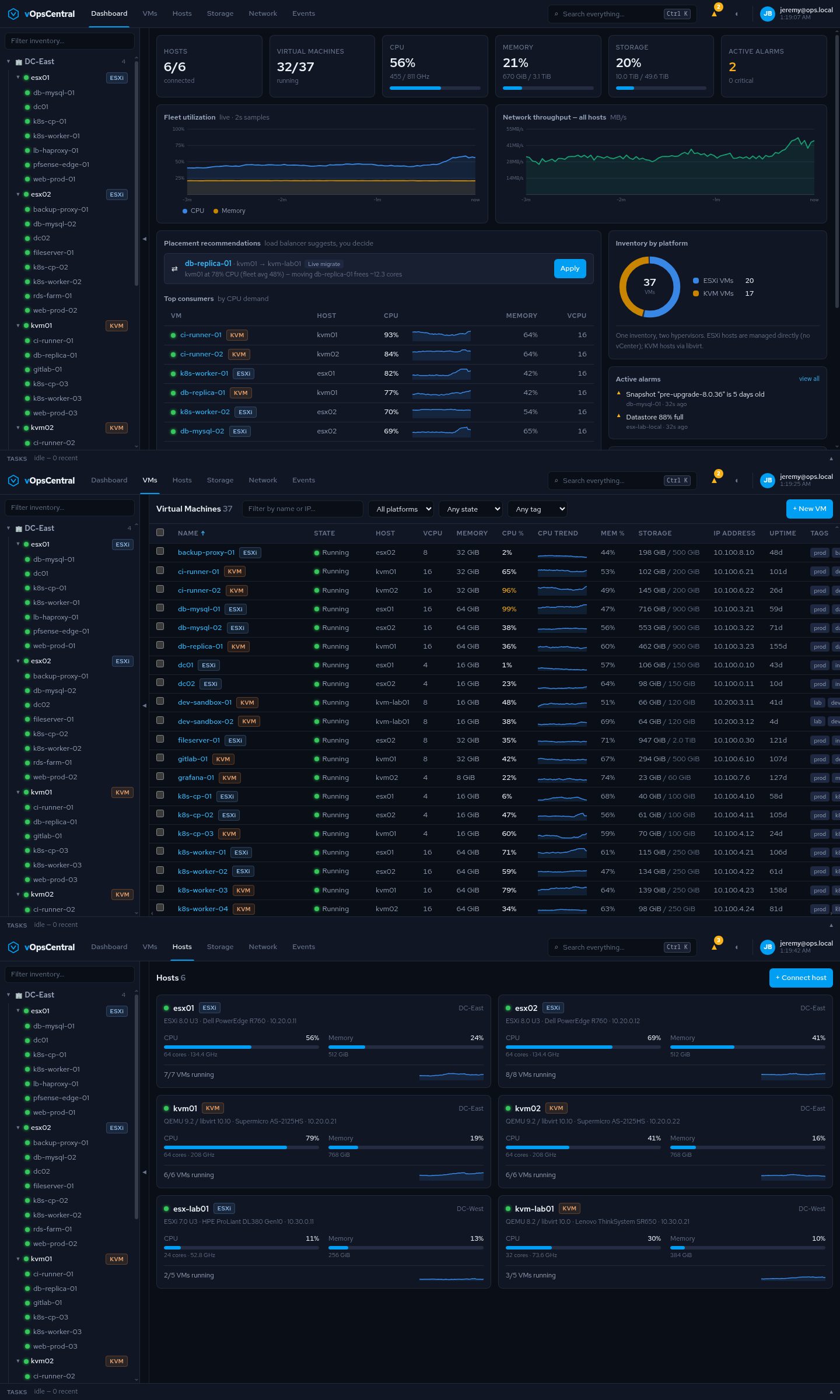 vOpsCentral console demo: the fleet dashboard with live utilization charts, followed by the VM inventory and a host detail view
