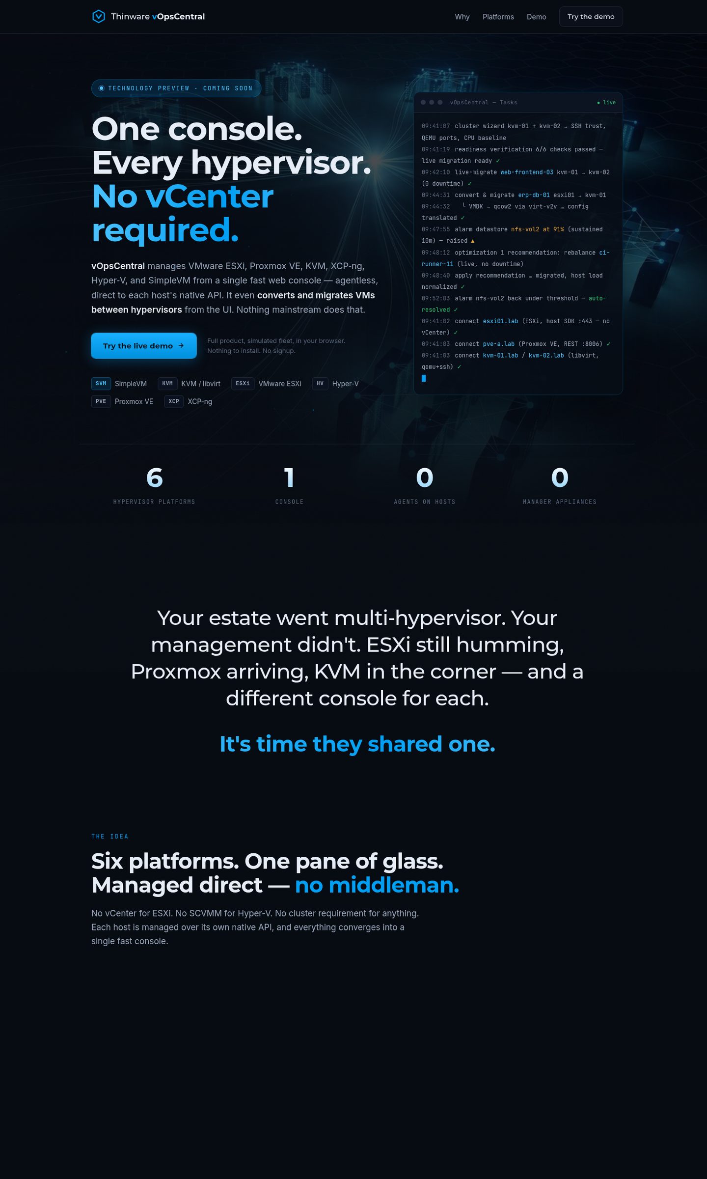 vOpsCentral product site: a dark console-styled homepage for a multi-hypervisor management tool, with the demo picker below the hero