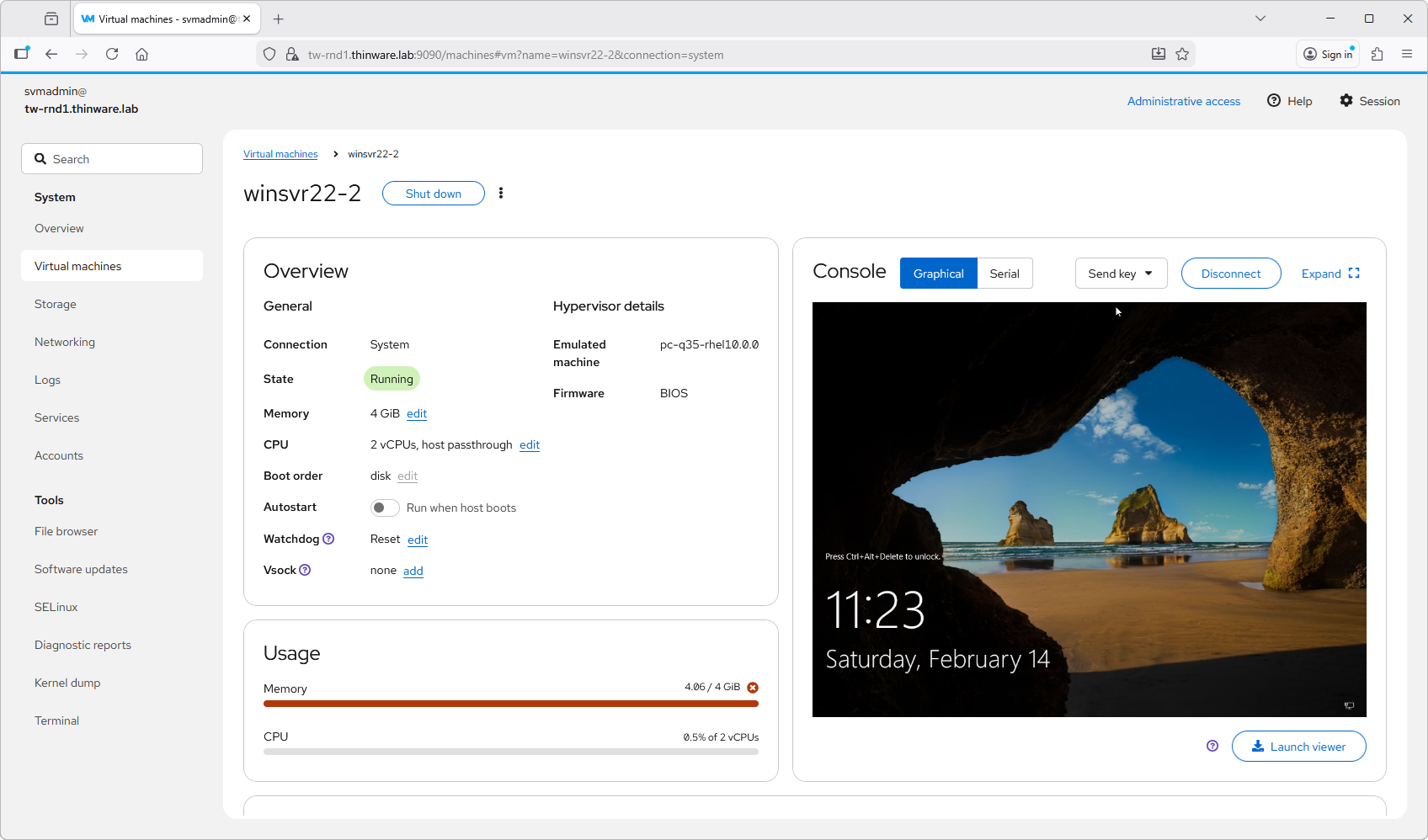 A SimpleVM virtual machine graphical console open in the browser