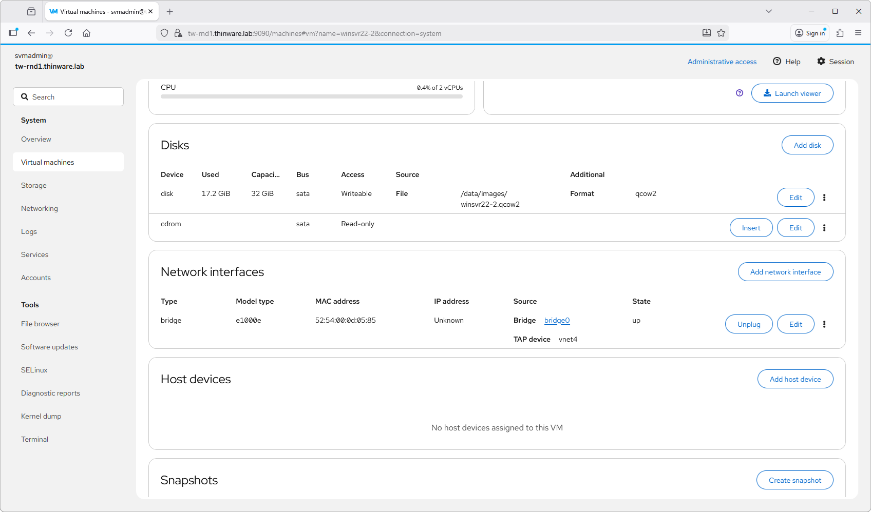 SimpleVM virtual machine detail with disks, network interfaces, host devices, and snapshots
