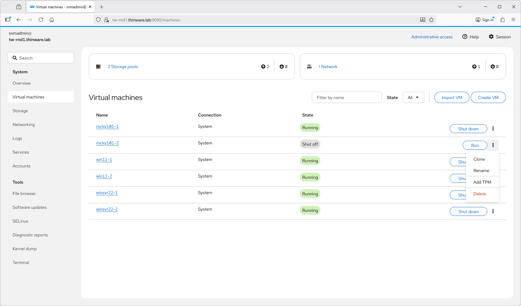SimpleVM virtual machine list showing each VM's state, connection, and resources