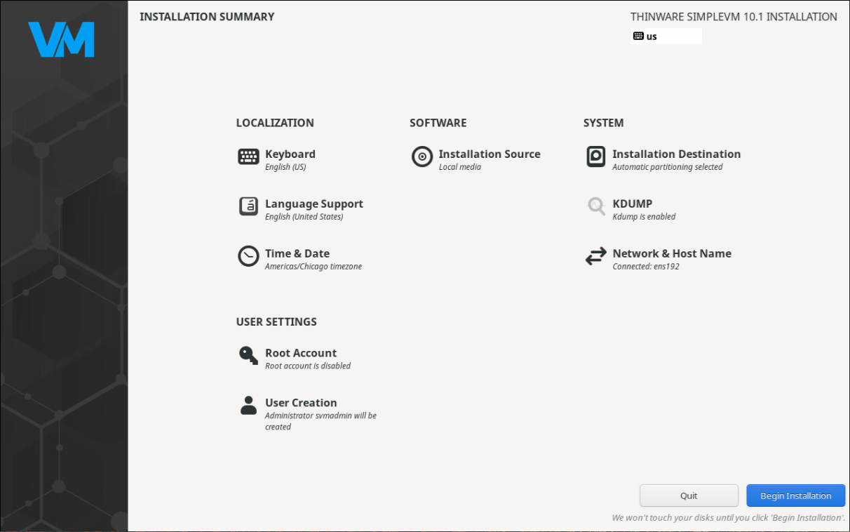 Figure 25-1a. The Installation Summary screen, reviewed before installation begins. Confirm the installation destination here so a data disk is never selected by mistake. The installer is covered in Chapter 4, Installing SimpleVM.