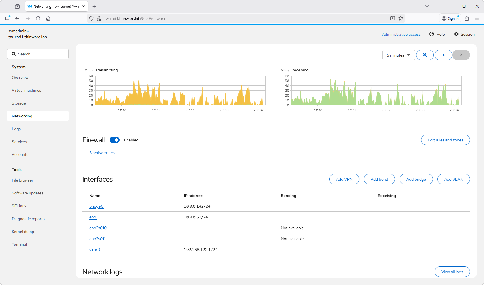 Figure 24-4. The host Networking page. The Transmitting and Receiving graphs show per-interface throughput in Mbps, with firewall status and the interface list below. Host networking is covered in Chapter 15, Managing Host Networking.