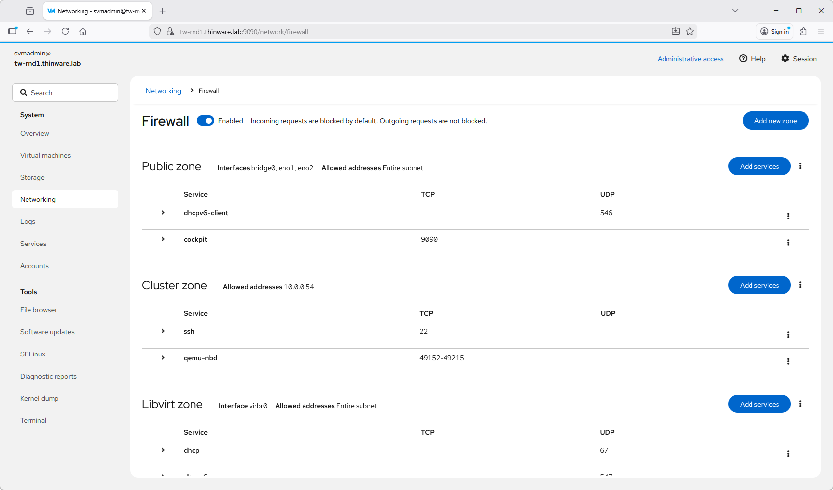 Figure 22-2. The Firewall zones. The cluster zone in the reference build allows ssh (TCP 22) for administration and qemu-nbd (TCP 49152–49215) for migration data between peer hosts — confirmed against the live firewall screenshot.