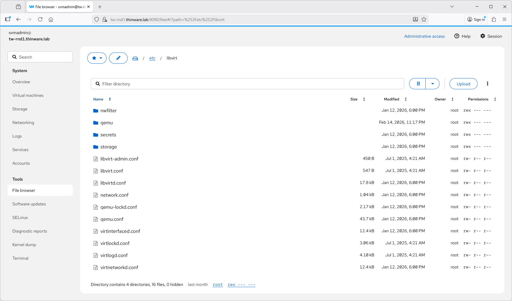 Figure 26-5. The File browser at /etc/libvirt, confirming the qemu, storage, secrets, and nwfilter subdirectories and the libvirt configuration files. Home chapter: Chapter 19, Host Administration Tools.