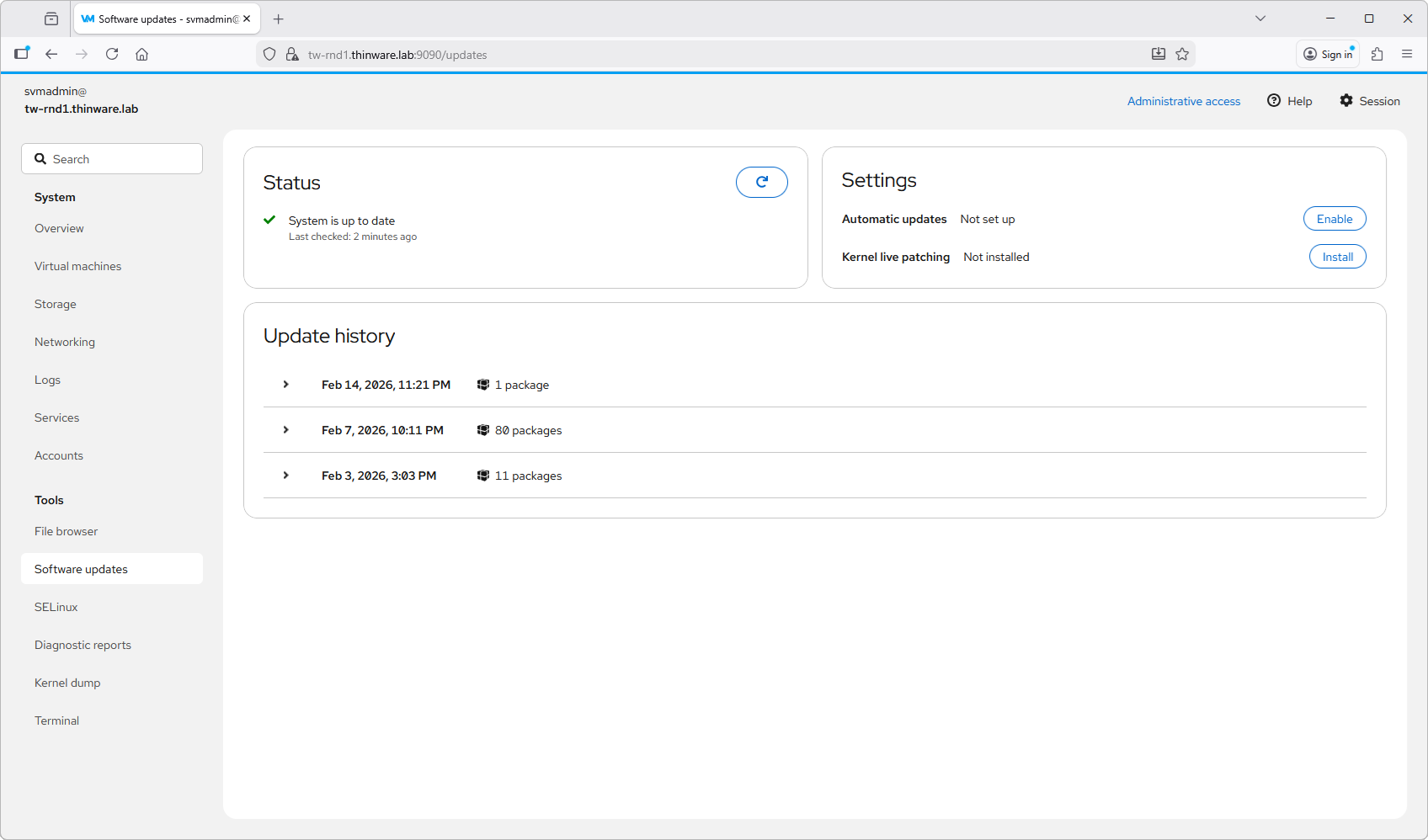 Figure 25-3. The Software updates page showing system status, update settings, and update history. Start update troubleshooting here. The update workflow is covered in Chapter 18, Software Updates.