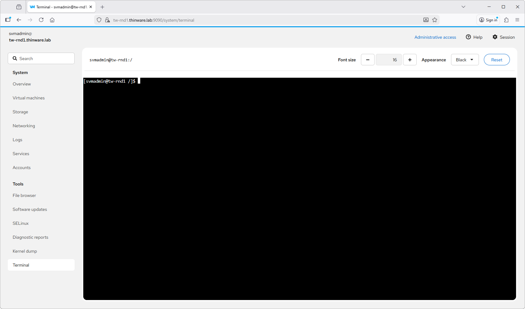 Figure 26-1. The web Terminal provides command-line access from inside the management interface, under Tools in the navigation. It opens as the signed-in host user — svmadmin in this capture — not as root; commands that require elevated privileges must be run accordingly. Home chapter: Chapter 19, Host Administration Tools.