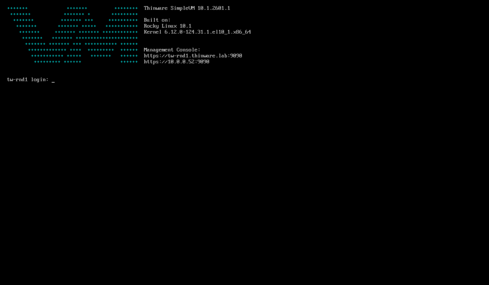 Figure 25-1. The host console after boot. It confirms the product and build (Thinware SimpleVM 10.1.2601.1), the Management Console URLs, and the port (9090), and presents the login prompt. When the browser cannot reach the interface, this screen tells you whether the host is up and what address to use. The console is introduced in Chapter 6, Accessing the SimpleVM Management Interface.