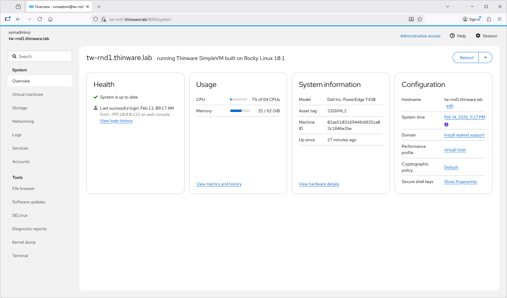 Figure 24-1. The host Overview dashboard, used here to read the host CPU and memory baseline before tuning any VM. The Usage panel shows CPU as a percentage of total CPUs and memory as used of total; the Configuration panel confirms the virtual-host performance profile. The dashboard panels are explained in Chapter 7, Understanding the Dashboard and Host Overview.