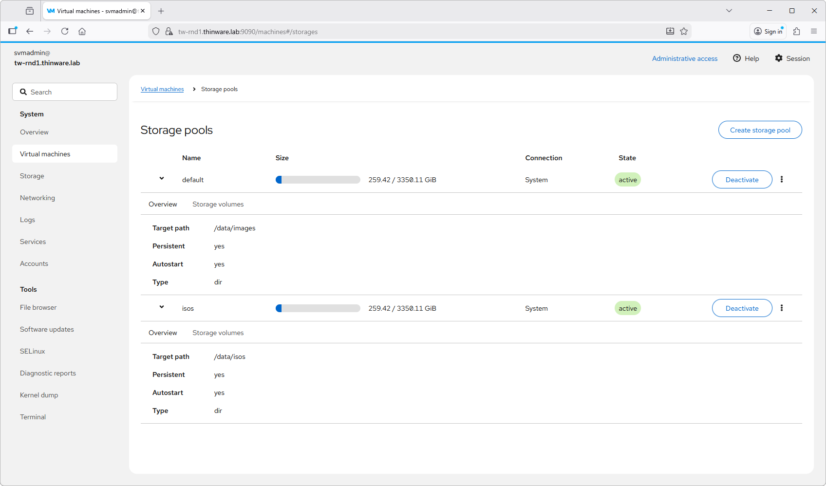 Figure 22-3. The Storage pools page, used to confirm where VM disks are stored and whether a pool is backed by shared storage reachable from every cluster host. See Chapter 12, Managing Storage Pools.